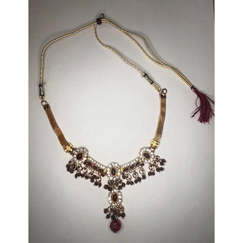 Vintage Indian Style Bib Necklace Gold Tone Red Stone Rhinestone 24